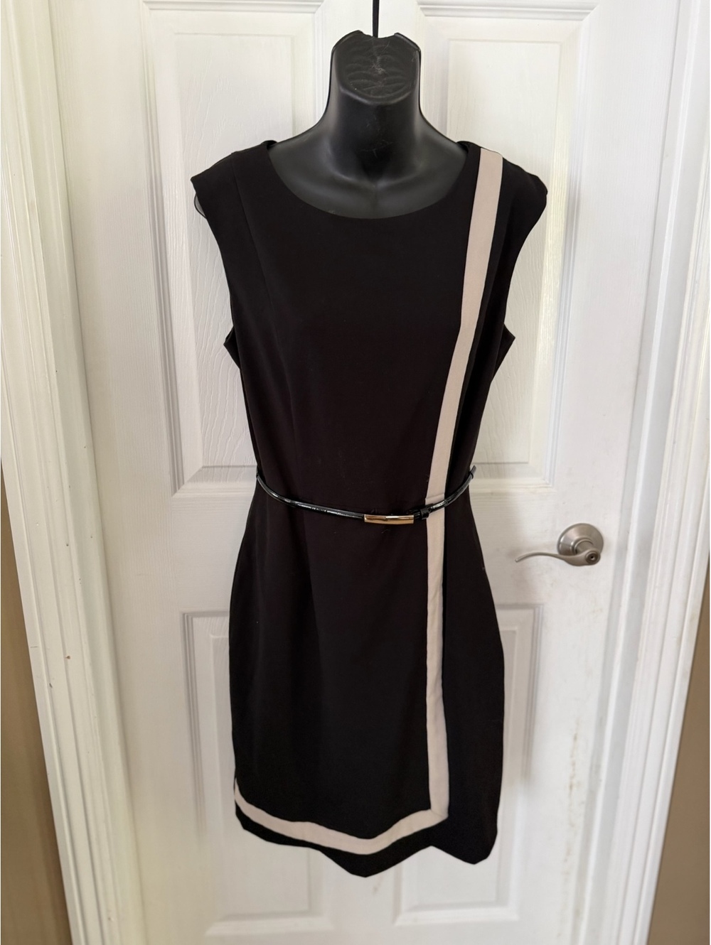 Calvin Klein black sheath dress with cream trim and skinny belt